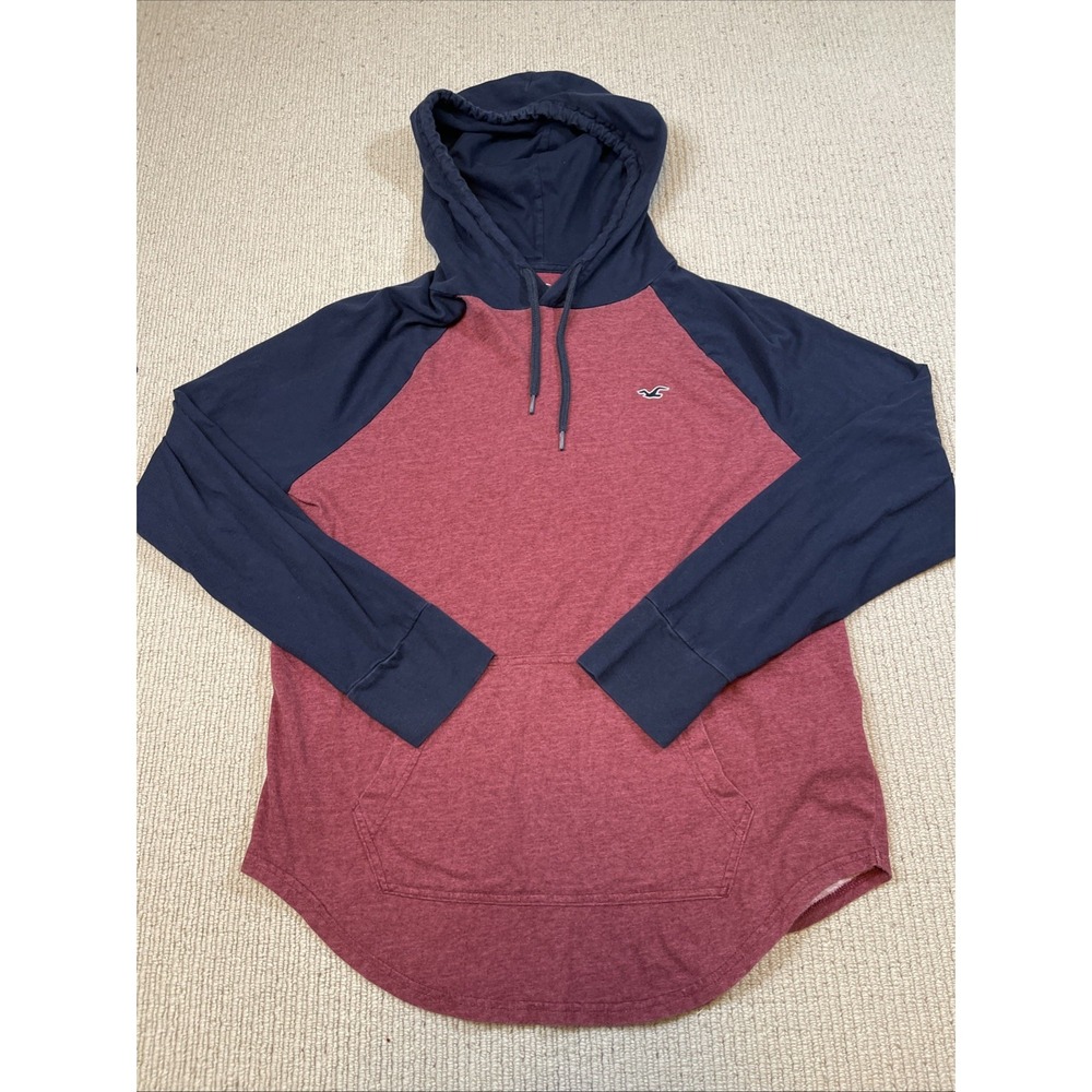 Hollister Men's Medium Hooded Tee Long Sleeve Kangaroo Pocket Logo Maroon Navy